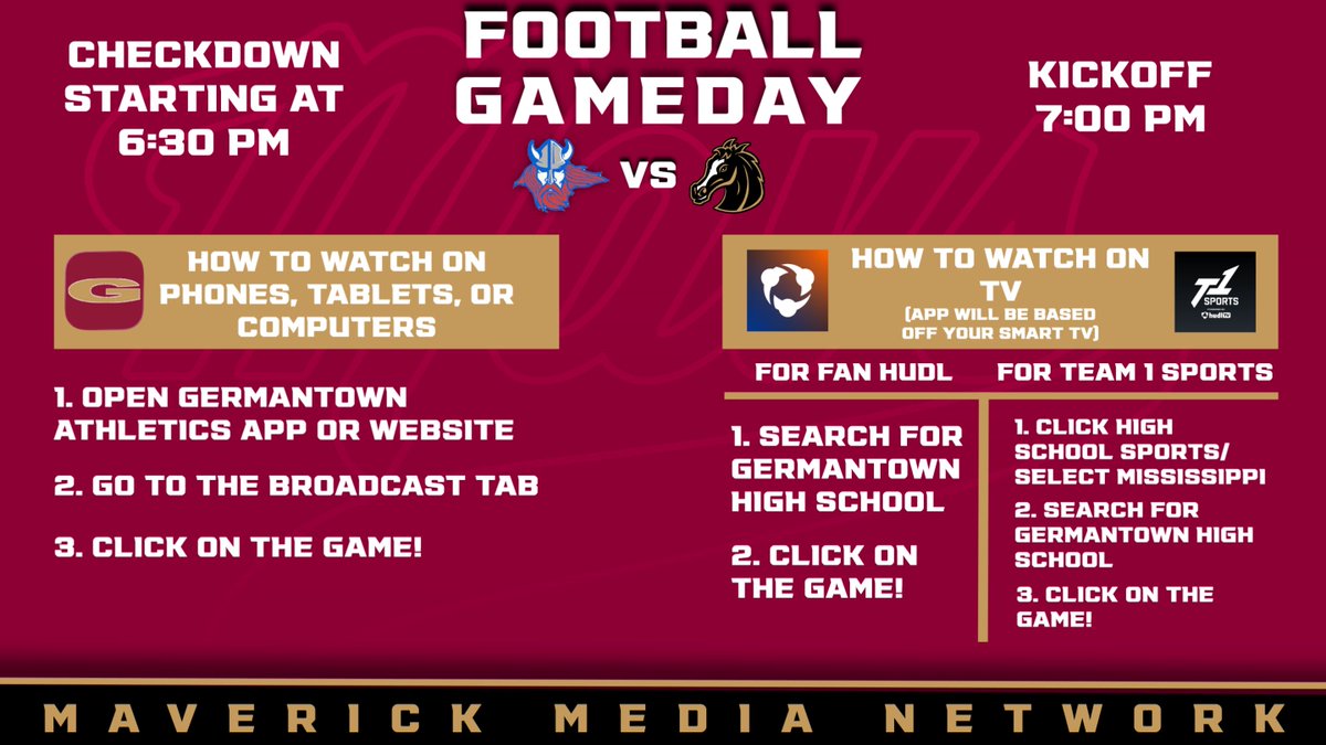 MavMediaNetwork's tweet photo. Maverick Media Network will be live-streaming the non-district matchup against the Warren Central Vikings. Live stream starting at 6:30 showing the Checkdown with Coach Mitchell. @ghsmavericks #gomavs https://t.co/eNYeoPgiSz