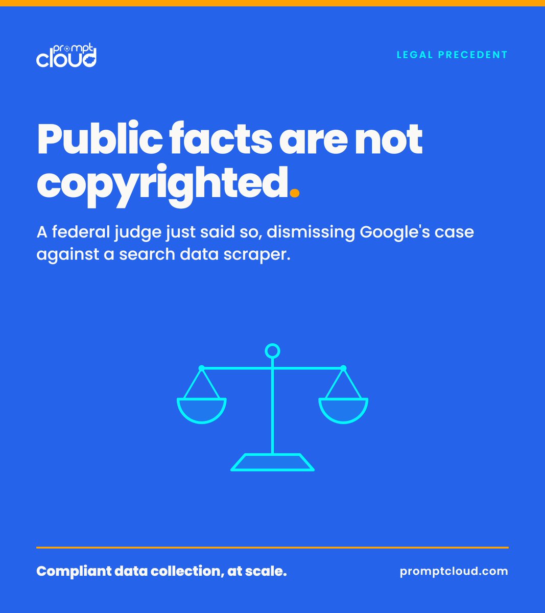 promptcloud's tweet photo. A judge just dismissed Google's DMCA suit against a company that scrapes Google's own search results. Public facts are not copyrighted, the ruling says.

Google built its entire index by scraping the open web the same way, hypocritical corner to be in. https://t.co/lZ9KJlQJG0