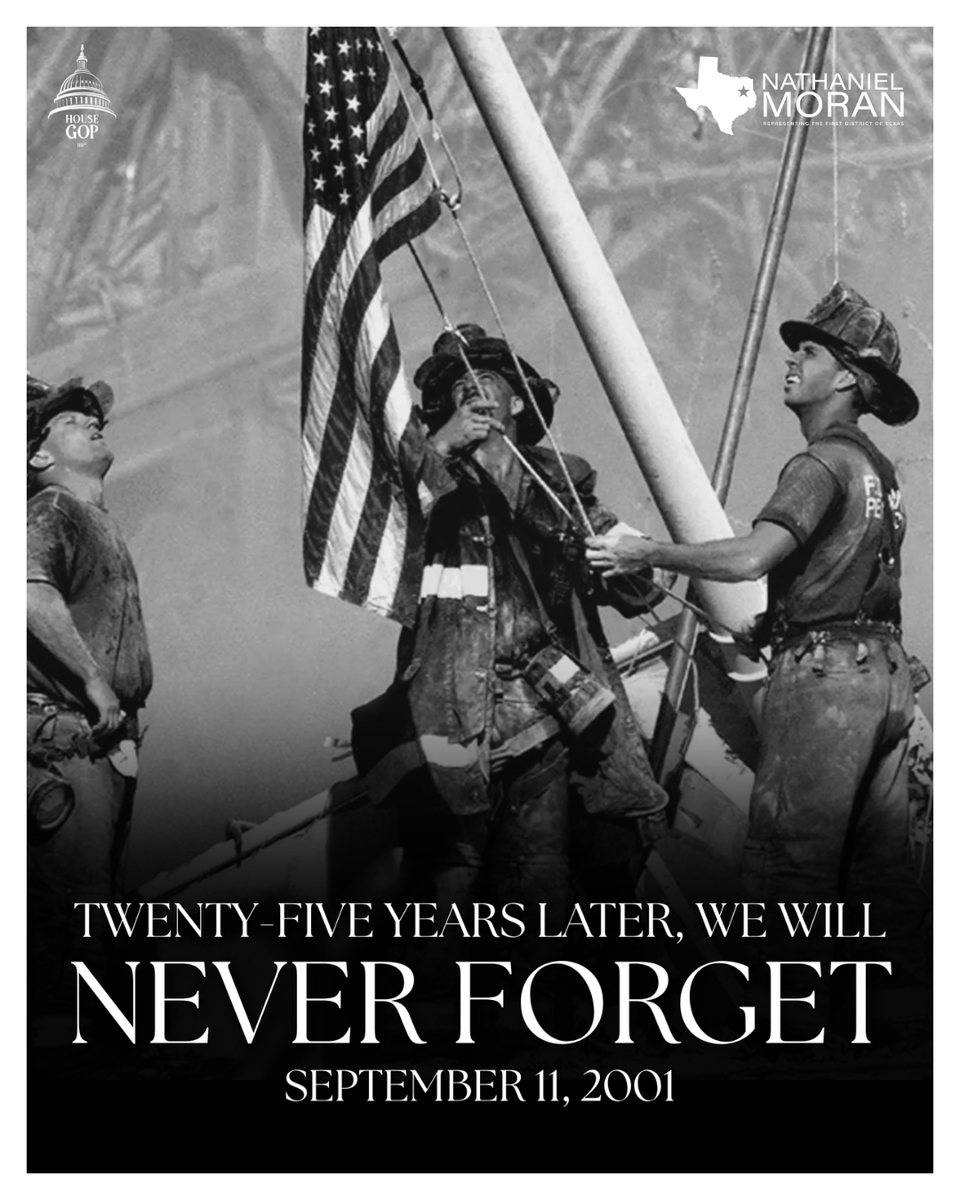 A black-and-white commemorative poster showing three firefighters raising an American flag amid debris. Logos appear at the top, and large text is displayed across the bottom.