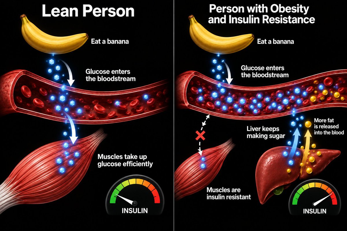 nicknorwitz's tweet photo. What happens when a lean person and a person with obesity and insulin resistance each eat a banana 🍌?

Well, in the lean person, the sugars from the banana move quickly into the blood and then into muscles to be used as energy.  

But in a person with obesity and insulin resistance, something very different happens.  

1. Muscles are insulin resistant, so they don’t efficiently take up sugar, meaning it lingers in the bloodstream.  In the liver, things are worse.  

2. Insulin resistance means the liver doesn’t get the memo to stop making its own sugar, so it spills more sugar into the blood.  

3. By contrast, the fat-generation pathway gets overstimulated, like the body is biologically yelling, “Make more fat!”  

The ultimate result is that sugar lingers in the blood, while the liver is dumping out more sugar and fat, like it’s trying to make a milkshake in your bloodstream.  

That doesn't mean a banana is "bad" for a person with obesity. It depends what you compare it to.  

👉TL;DR: Nutrition is not one-size-fits-all.  

*Text explanation is 100% human. Image made with AI.
