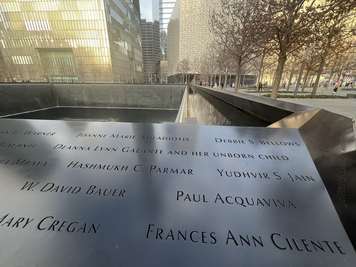 TheSnowDreamer's tweet photo. I visited the 9/11 memorial briefly at the start of this year while in NYC. 

I thought of the calmness at site and shocking contrast now 25 years ago. Almost unthinkable. 

Nearly 3000 souls inscribed in bronze one name caught my eye, ‘Deanna Lynn Galante and her unborn child’ that child would be 24 now. 

Perhaps he or her would have graduated college. Creating a life of their own. A whole life that never had the chance to live with endless possibilities. Deeply tragic. #NeverForget
