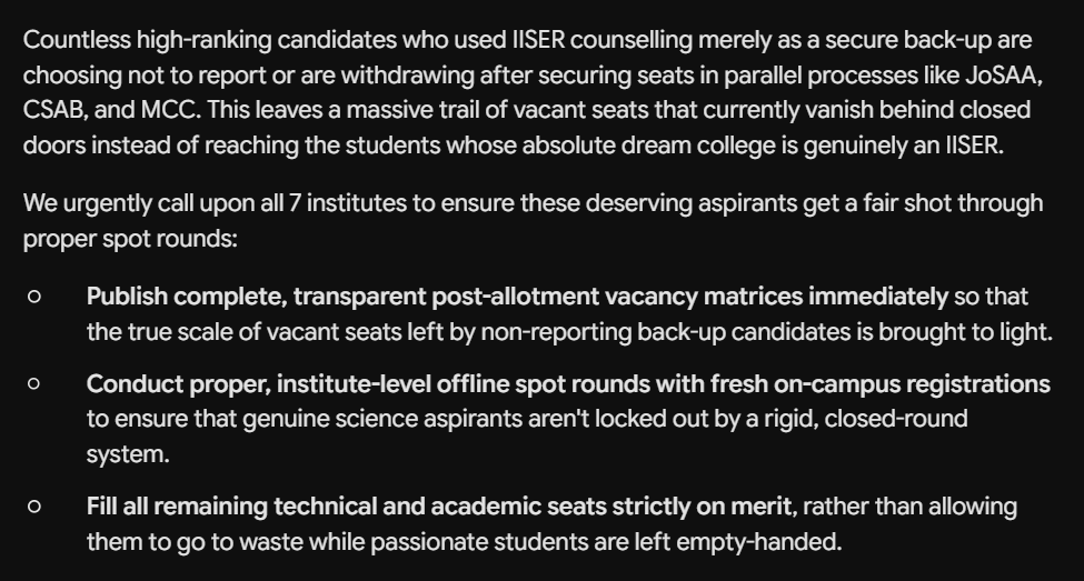 IAT2026's tweet photo. JAC counselling has ended. We request the IISERS to conduct independent Offline SPOT ROUNDS for vacant seats for deserving candidates!

@iiserbhopal @IISERPune @tvmiiser @IiserTirupati @IISER_BERHAMPUR @iiserkol @IiserMohali 

#IISER #IISERCounselling #IISERBHOPAL #IISERPUNE https://t.co/q4K9Bmx5AR