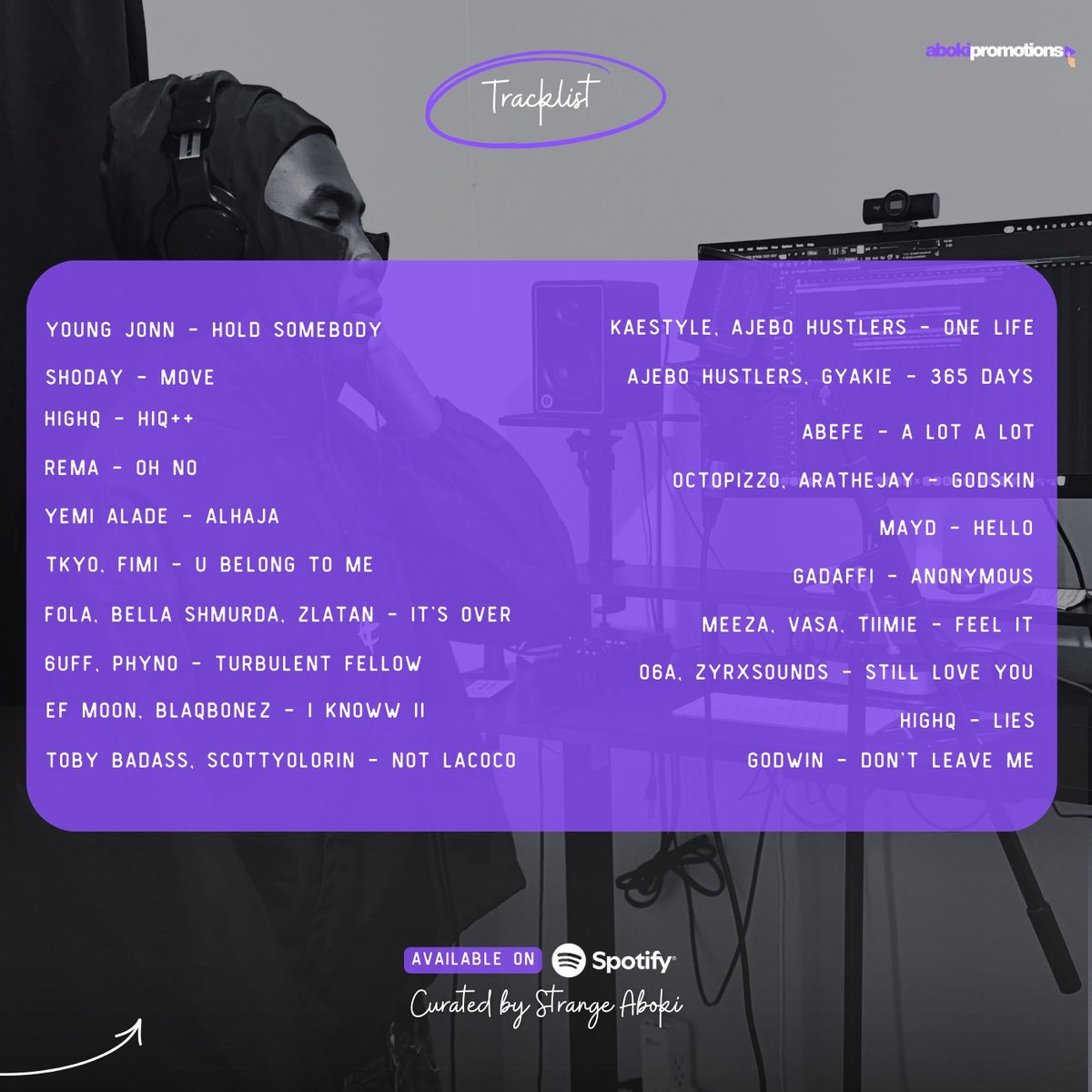 abokipromotions's tweet photo. #AbokiSelects | New Music Friday π
Cover artist: @highq_16
Young Jonn β Hold Somebody
Shoday β MOVE
HighQ β HIQ++
Rema β Oh No
Yemi Alade β Alhaja
TKYΓ, Fimi β U Belong 2 Me
FOLA, Bella Shmurda, Zlatan β itβs over
EF Moon, Blaqbonez β I Knoww II
& lots more. https://t.co/cAl66d15RB