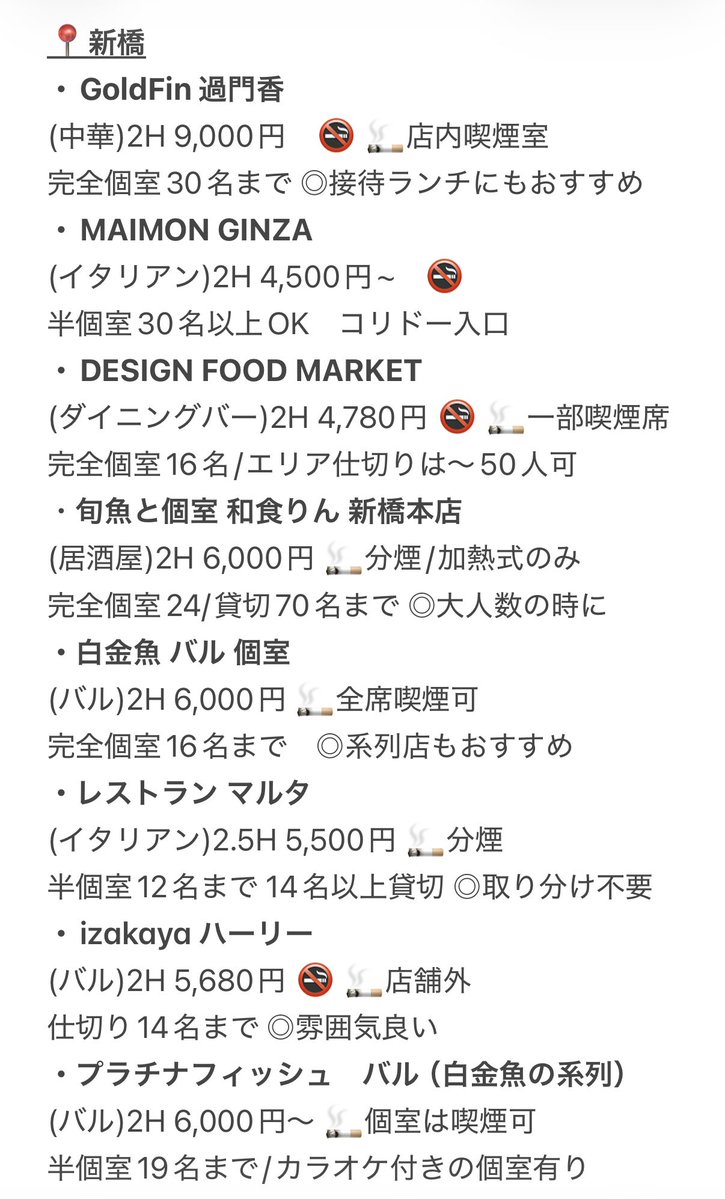asamiffee's tweet photo. 【保存版】2026.9最新
会社の歓送迎会で利用したお店リスト共有。
送別会のお店、まだ決めてない人大丈夫
・10名以上団体OK
・靴を脱がない(×掘りごたつ)
・個室や半個室.仕切りあり
・駅近
・飲み放題
・喫煙可否/近くの喫煙所情報あり
📍エリア
丸の内/大手町/八重洲/日本橋/有楽町/日比谷/新橋/銀座 https://t.co/FZ4mehJ3Fg