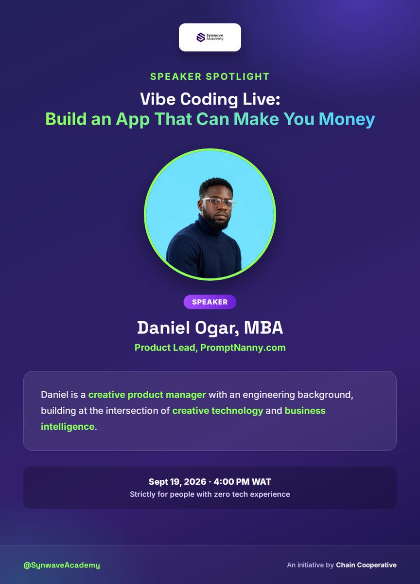 SynwaveAcademy's tweet photo. this session is for you.
๐๏ธ Date: October 10, 2026 ๐ฐ 100% FREE ๐ป
@mcdaniels0x @Ogunseye_ @ChainCoop
#SynwaveAcademy #VibeCoding #AI https://t.co/TPK6oVcrdU