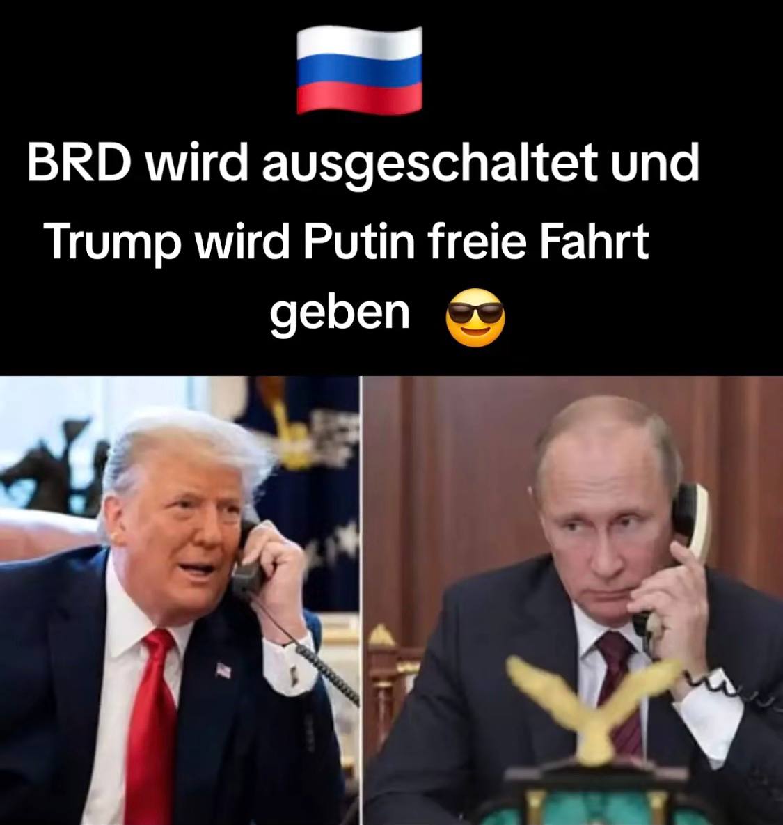 Reptile14k's tweet photo. Nichts lieber als das ‼️

Was könnte es Schöneres geben, als wenn Putin in die BRD einmarschiert und Massenverhaftungen im ganz großen Stil durchführt? Ich kann mir vorstellen, dass das für den Großteil der Menschen sehr verstörend sein könnte. Die Zeit der Kriege ist aber vorbei und der Weltfrieden steht vor der Tür. 

Von daher gehe ich davon aus, dass alles mit Recht, Ordnung und Gesetz durch die AfD ausgeführt wird und Deutschland samt Verfassung wiederhergestellt wird. Einige von euch können wahrscheinlich fühlen, dass hier etwas ganz Großes im Busch ist und dass sich die Machtverhältnisse auf der ganzen Erde verschieben. 

Überall werden rechte Allianzen geschmiedet, um die Übernahme zu gewährleisten. Das ist der Weg ins goldene Zeitalter. Das alte System liegt im Sterben und wir dürfen live dabei zusehen und erwachen. Habt keine Angst vor der Veränderung!

Vertraue dem Plan #Q 🕊️