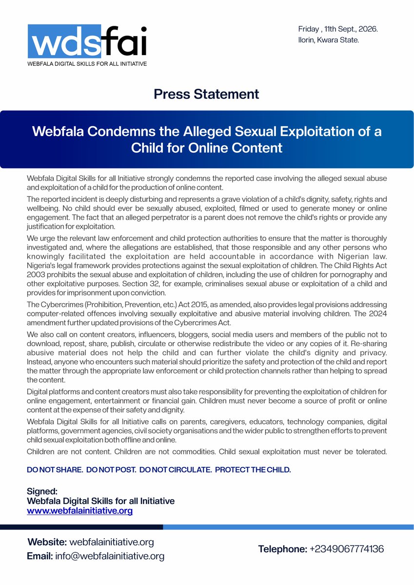 Webfalainitiat1's tweet photo. CHILDREN ARE NOT CONTENT.
@Webfalainitiat1  strongly condemns the reported sexual exploitation of a child for the production and distribution of online content.

DON'T SHARE. DON'T POST. DON'T CIRCULATE. PROTECT THE CHILD. https://t.co/rpTl7bOdpf