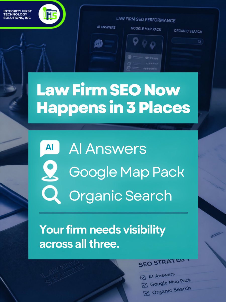 IFTSDesign's tweet photo. Rankings still matter, but they're only one part of search now. See how small firms can compete across AI answers, the Map Pack, and organic results: https://t.co/FCRz5IjroP #LawFirmSEO #LocalSEO https://t.co/NXA3Z7uIR9