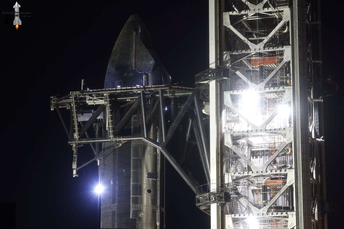 squigbot1's tweet photo. Ship 42 (Flight 15) is at Starbase Pad 2 this morning for chopstick/catch testing after rolling from Mega Bay overnight.

(@StarshipGazer) https://t.co/QZGsQP95ny