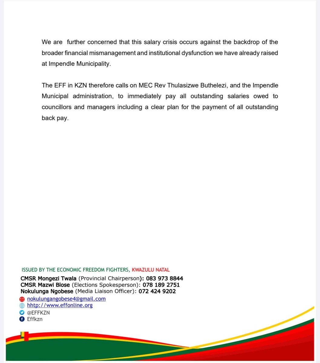 EFFKZN's tweet photo. EFF KWAZULU-NATAL STATEMENT ON MISLEADING CLAIMS BY COGTA MEC REGARDING IMPENDLE SALARY CRISIS https://t.co/dNs5nG6VQz