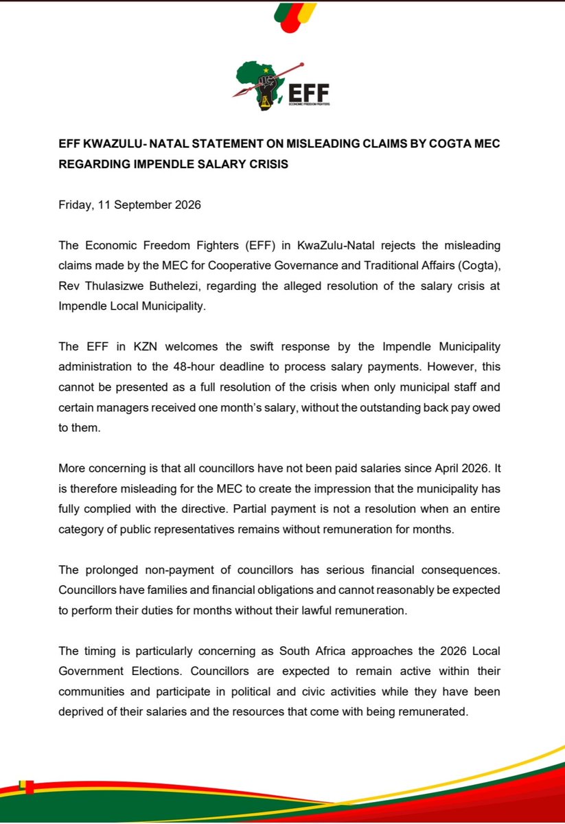 EFFKZN's tweet photo. EFF KWAZULU-NATAL STATEMENT ON MISLEADING CLAIMS BY COGTA MEC REGARDING IMPENDLE SALARY CRISIS https://t.co/dNs5nG6VQz