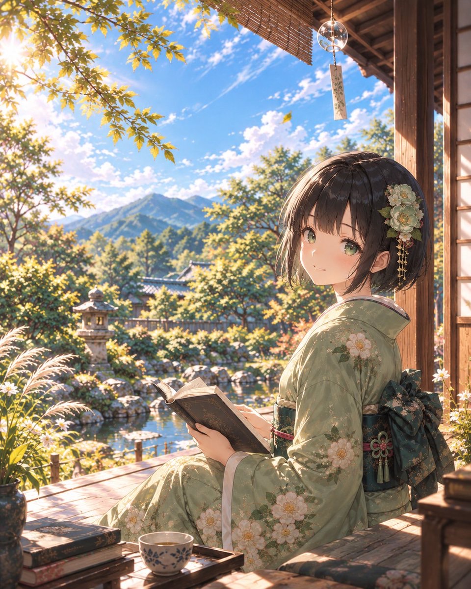 KeiGee2000's tweet photo. 初秋の花姫
しばらく花姫　葵は縁側で読書をしていたが、風を受けてふと頁をめくる手を止め、私の方を向いた。
「少しずつ、秋が近づいてきましたね。」
#花姫の暦　葵
#AIart️️️️️️️️️️️️️️️️️️️️️️️️️️️️️️️️️️️️️️️️️️️️️️️️️️️ https://t.co/o9h8BSSzFJ