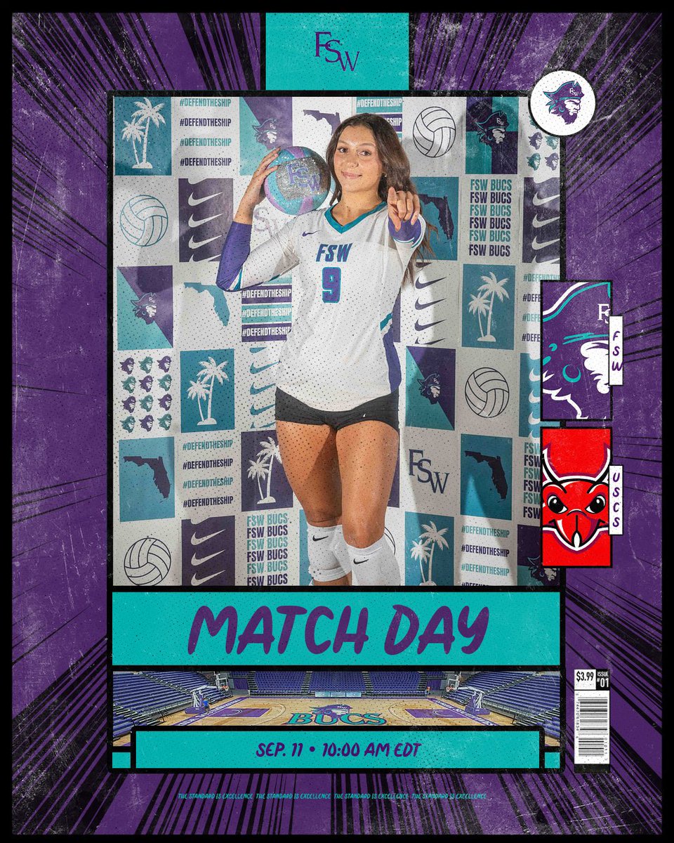 FSW Volleyball match day graphic featuring a Buccaneers player in a white No. 9 jersey holding a volleyball. FSW and USC Sumter logos appear on the right. Text reads “MATCH DAY” and “SEP. 11 • 10:00 AM EDT.” The design uses FSW’s purple and aqua colors with a comic-book style background and “The Standard Is Excellence” repeated along the bottom.