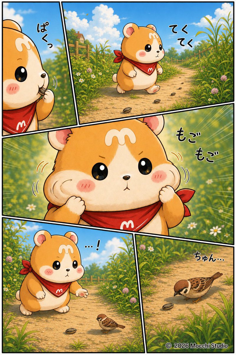 Mocchi_Studio's tweet photo. 🌻もっちのよりみち日和
第4話「ほっぺ、ぱんぱん！」 🐹
ひとつ見つけて、ぱくっ。
また見つけて、ぱくっ。
気づけば、もっちのほっぺは……？
そこへ、ちいさなお客さんがやってきました🐦
つづきは返信へ👇
#もっちのよりみち日和 #もっち #創作漫画 https://t.co/O0vbE9zcEQ