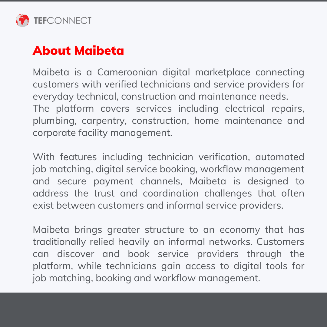 TefConnect's tweet photo. Finding a reliable technician shouldn't depend on who you know.

#TEFAlumni Bamai Namata is using Maibeta to connect customers with verified technicians across Cameroon, bringing greater trust, transparency and structure to the informal service economy. https://t.co/cumgLvVNO8