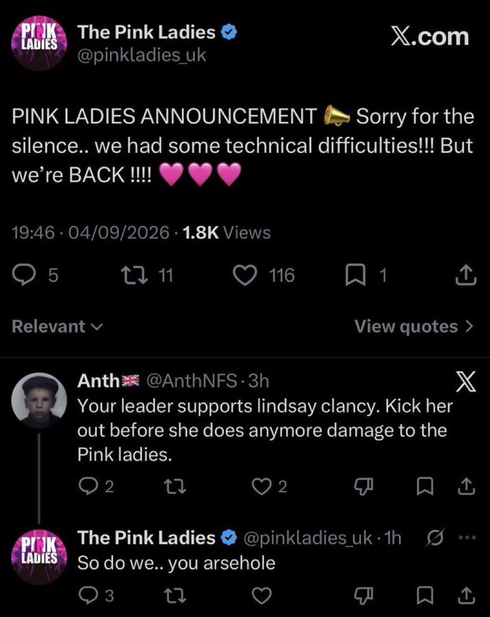 Con_Tomlinson's tweet photo. @Telegraph This article fails to mention that Orla resigned from her position, and deleted both her and the Pink Ladies X accounts, after being criticised for repeatedly defending Lindsay Clancy, and insinuating she actually didn't kill her children.

Why is that? https://t.co/PadmYXHMo9