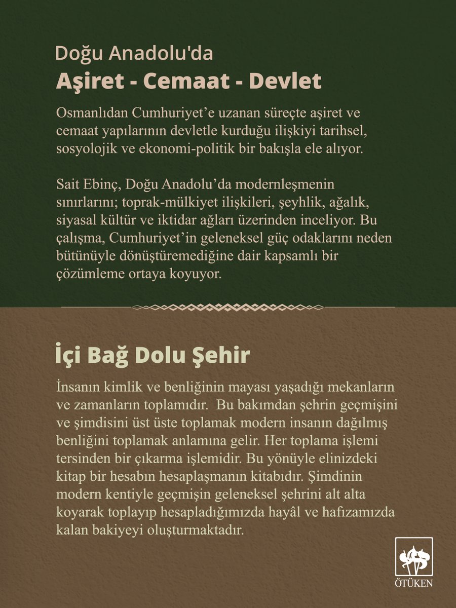 otukennesriyat's tweet photo. Sait Ebinç'ten 2 eser okurlarıyla buluştu. 

Hem Doğu Anadolu’nun sosyo-politik yapısını hem de mekânın insan benliğindeki izlerini merak eden okurlar için Aşiret, Cemaat, Devlet ve İçi Bağ Dolu Şehir adlı 2 yeni eser https://t.co/jHkeQT9QMn ve Ötüken mobil uygulamasında.

https://t.co/3ThU2MYQQr