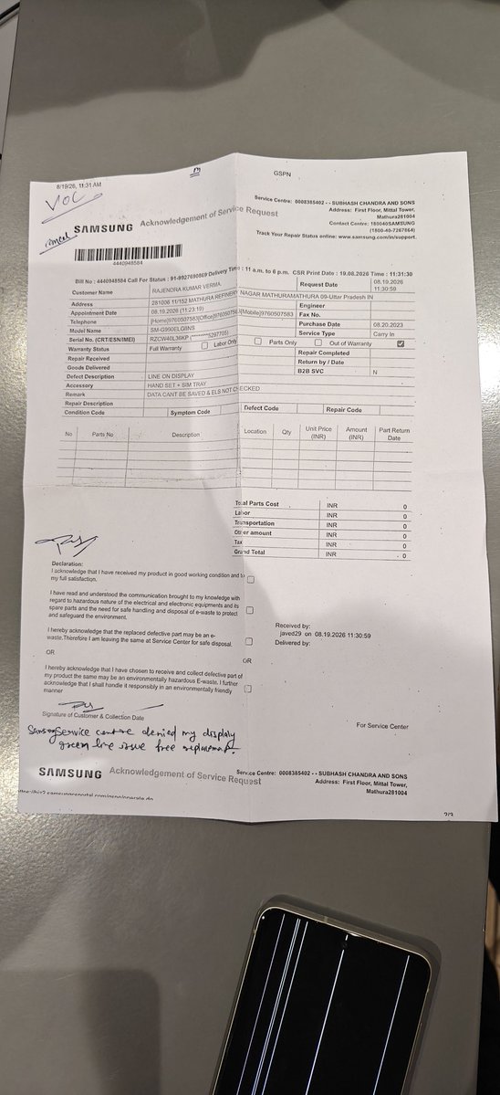 Rverma2311's tweet photo. @Bhumi__M026 @SamsungIndia Stop ignoring the serious green &amp; pink line display issue affecting Samsung smartphones after software updates. Customers deserve transparency, accountability and a permanent solution—not excuses. Provide free screen replacement for affected devices. #BoycottSamsung https://t.co/8f4OJAytoZ