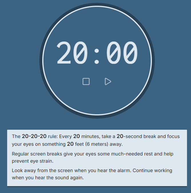 m_umerabdullah's tweet photo. Ophthalmologists often recommend the 20-20-20 rule for people working with computers. The idea is to take a 20s break every 20 minutes and focus on something 20m away. This is supposed to reduce eye strain and to keep myopia in check. One way of practicing this is via the website https://t.co/qOTNWBpEnO