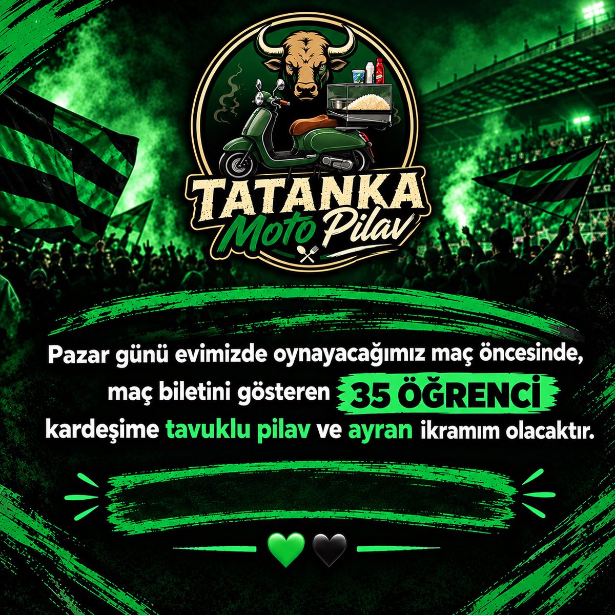 uguurumut's tweet photo. Herkese iyi günler, pazar günü evimizde oynayacağımız maç önecesinde, maç biletini gösteren 35 öğrenci kardeşime tavuklu pilav ve ayran ikramım olacaktır. 💚🖤 https://t.co/ruiBn9u73L