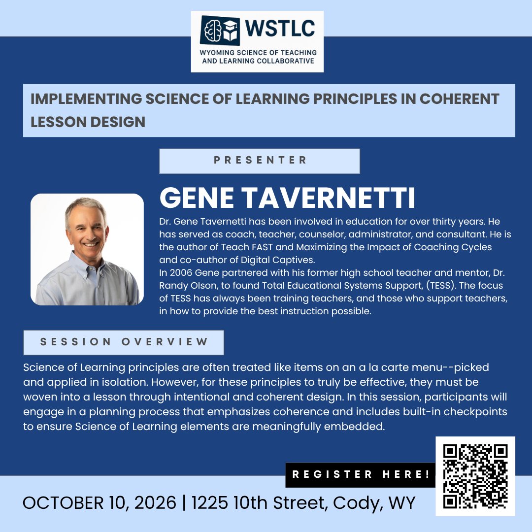 WSTLC2026's tweet photo. Presenter Highlight: @Gene Tavernetti!

Join us October 10 in Cody, WY! Register ⬇️

An opportunity to learn from one of the best in the field! Gene's session will share how to design lessons that bring together the key SoL principles using the FAST Framework. https://t.co/nhoUTMQV6c
