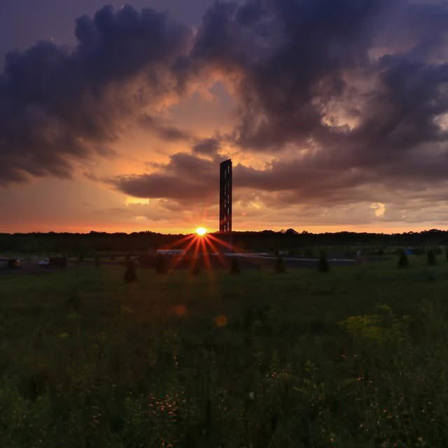 Sunrise behind Tower of Voices at Flight 93 National Memorial.
