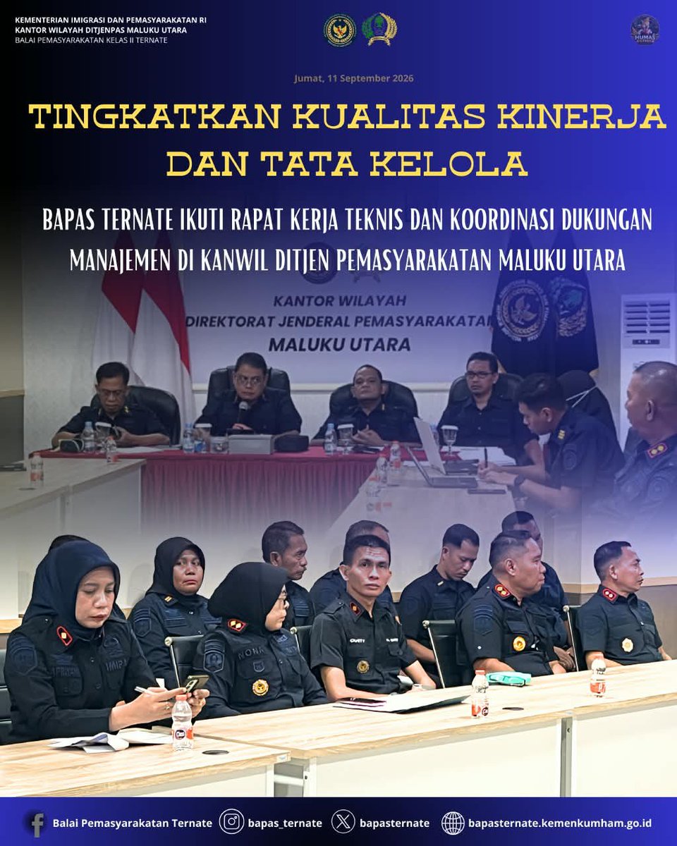 bapasternate's tweet photo. Bapas Ternate Ikuti Rapat Kerja Teknis dan Koordinasi Dukungan Manajemen di Kanwil Ditjen Pemasyarakatan Maluku Utara

#kemenimipas
#guardanguide
#infoimipas
#bapasternate
#humasbapasternate https://t.co/K6WmtuUkC7
