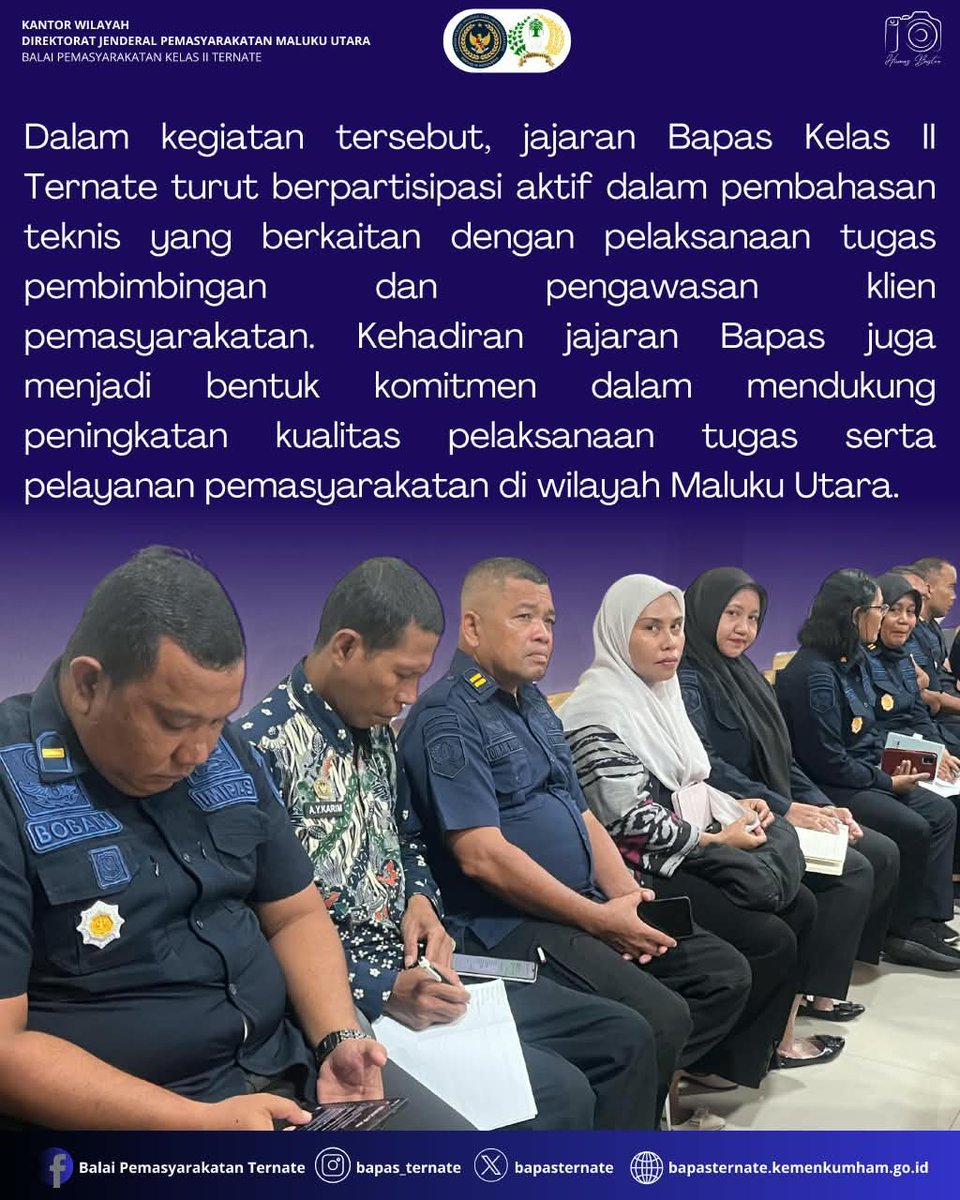 bapasternate's tweet photo. Bapas Ternate Ikuti Rapat Kerja Teknis dan Koordinasi Dukungan Manajemen di Kanwil Ditjen Pemasyarakatan Maluku Utara

#kemenimipas
#guardanguide
#infoimipas
#bapasternate
#humasbapasternate https://t.co/K6WmtuUkC7