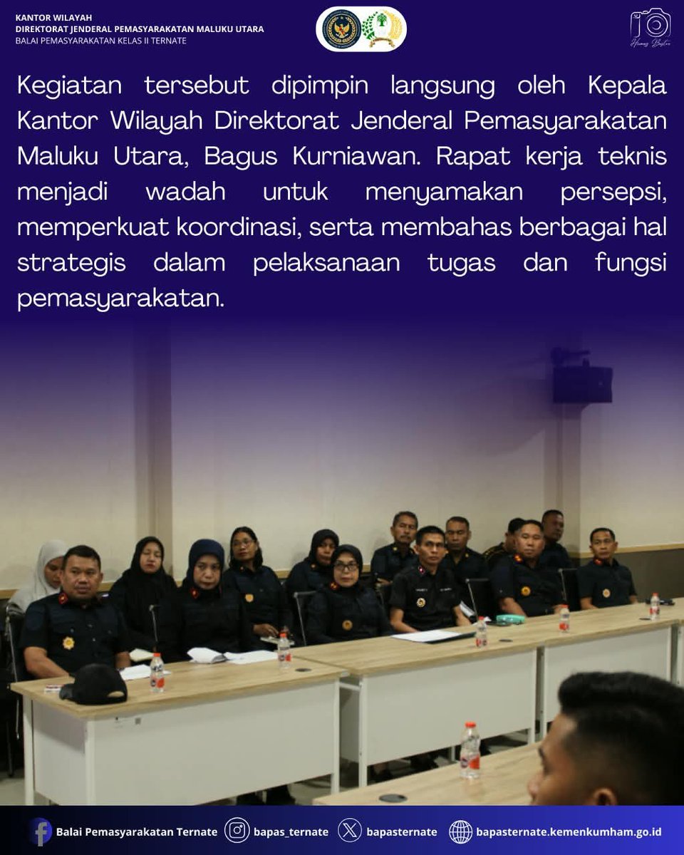 bapasternate's tweet photo. Bapas Ternate Ikuti Rapat Kerja Teknis dan Koordinasi Dukungan Manajemen di Kanwil Ditjen Pemasyarakatan Maluku Utara

#kemenimipas
#guardanguide
#infoimipas
#bapasternate
#humasbapasternate https://t.co/K6WmtuUkC7