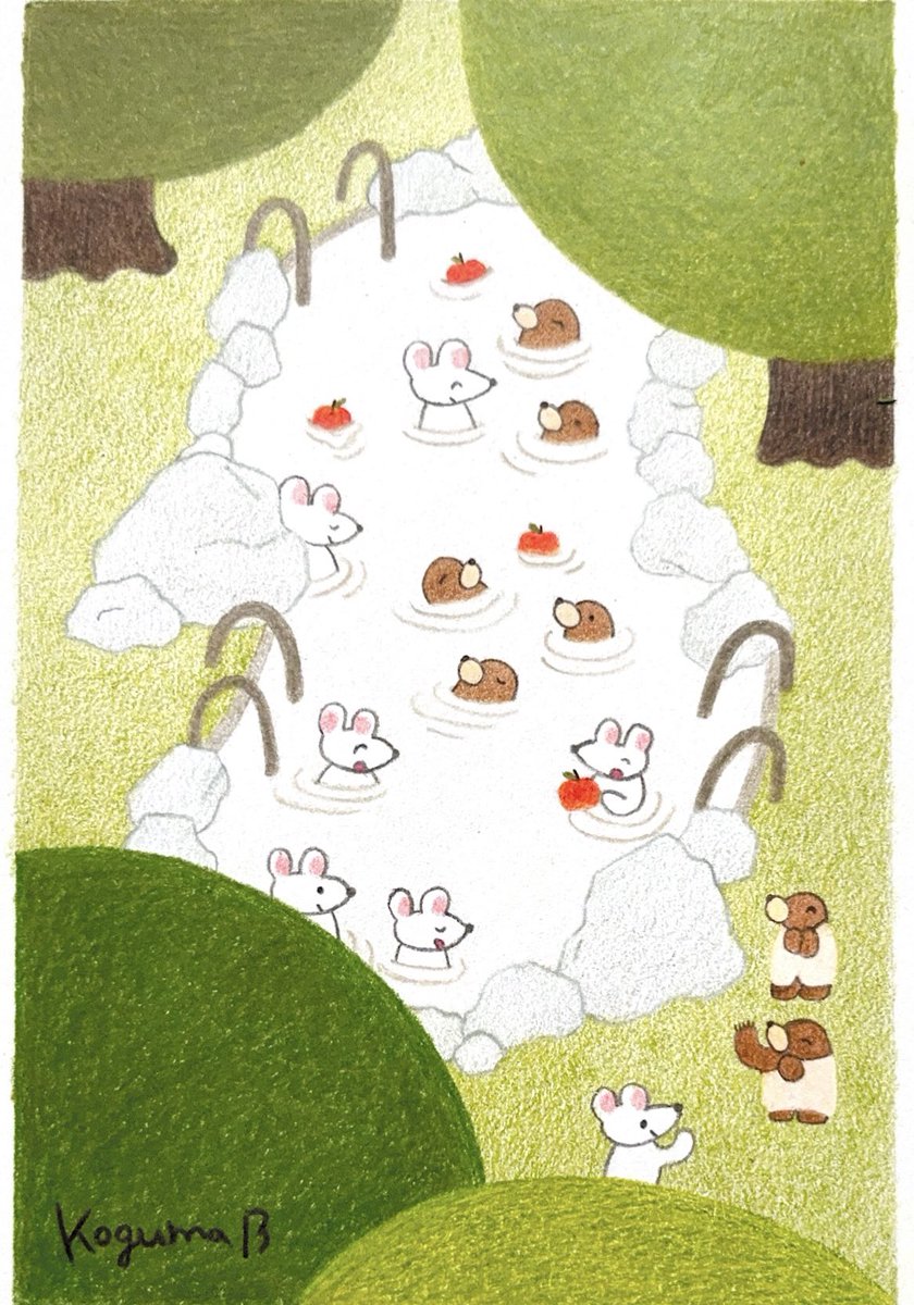 koguma_butter_'s tweet photo. 大きな温泉を描きました

獣はいいですね
着脱の手間無しですぐ入れて

#イラスト　#温泉 
#もぐら  #マフラーネズミ
#撮ったら少し色が飛んでしまった😭 https://t.co/ajxxgGA3Af