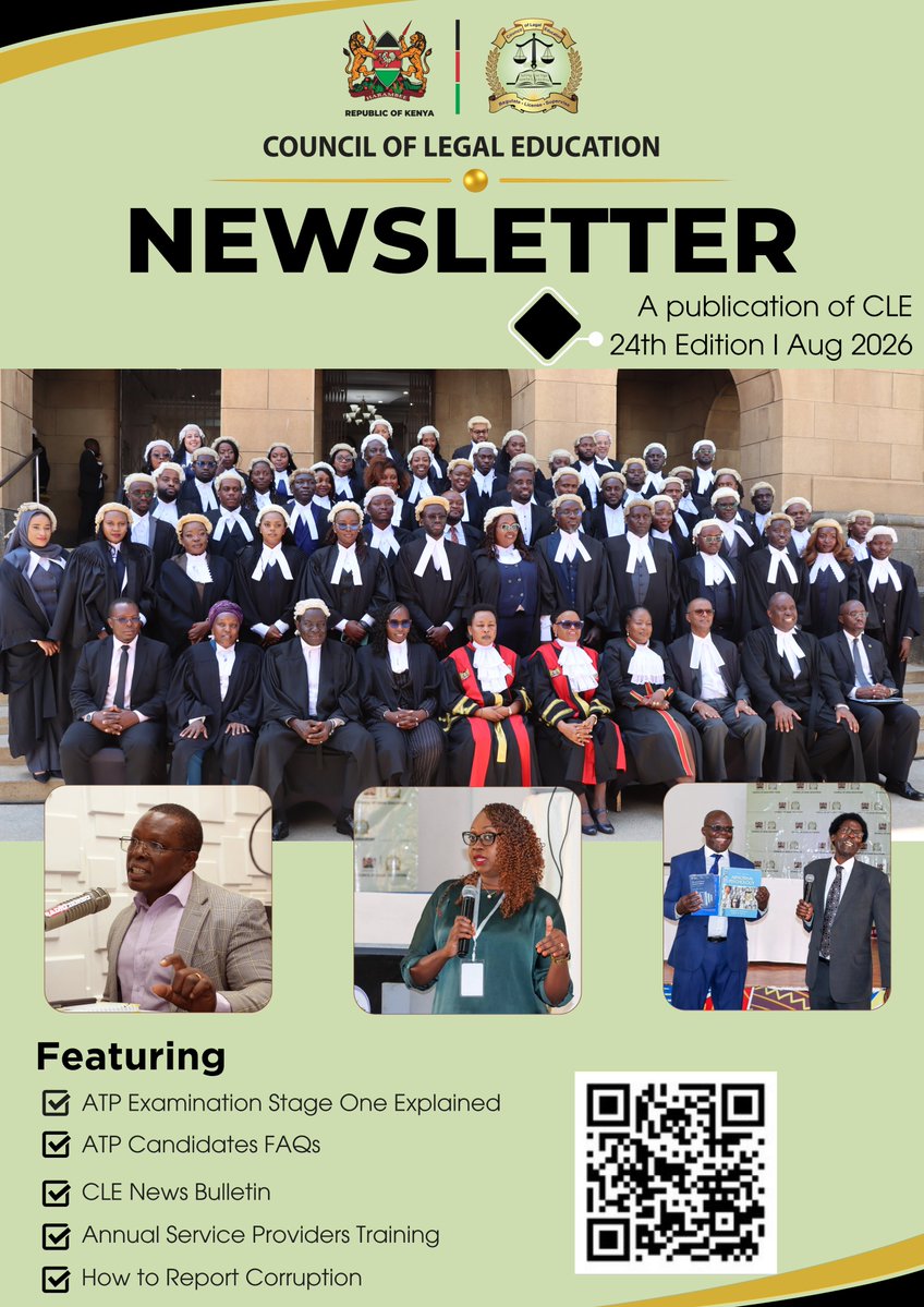 CLE_Kenya's tweet photo. CLE is pleased to present the 24th Edition of the #CLENewsletter. Scan the QR code on the cover page or visit https://t.co/1qqgIrj1NU to read the full newsletter.

#CLENewsletter #CLEKenya #LegalEducation #LegalTraining #QualityAssurance #LegalProfession https://t.co/cYMoH9Zmlr