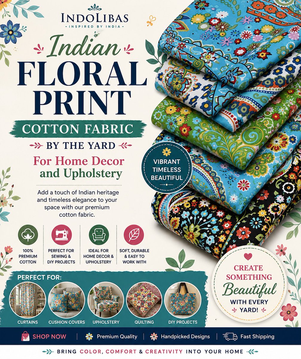 ElizKofoid's tweet photo. Refresh your home with stunning Indian floral cotton fabrics. Premium 100% cotton, perfect for sewing, quilting, décor, curtains, cushion covers, and upholstery. Soft, durable, vibrant, and easy to work with. Create something beautiful with https://t.co/r6FS8CvMfO