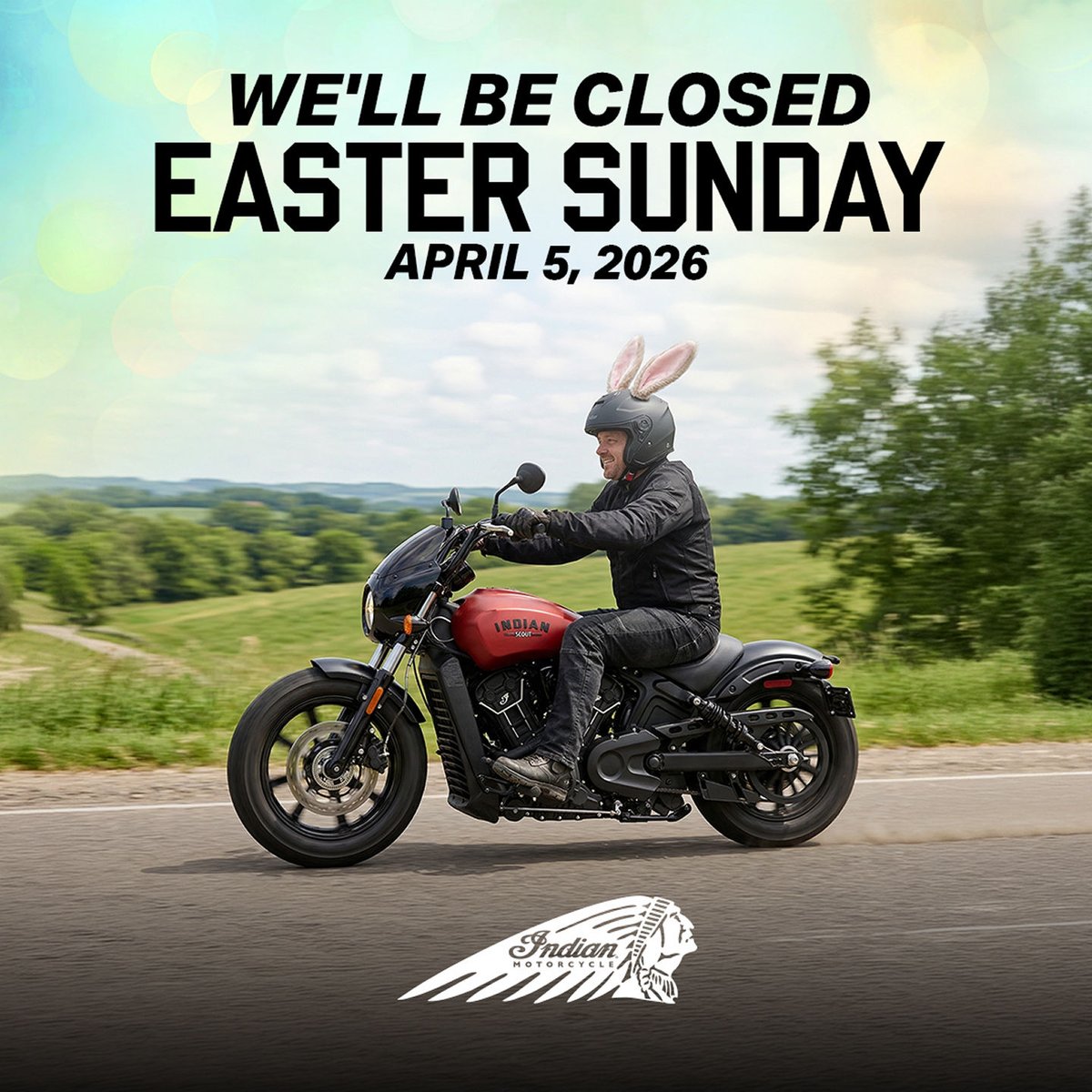 IsrealScroi02h's tweet photo. We’ll be closed on Easter Sunday, April 5, so our team can enjoy the holiday. We hope you ride, spend time with family, and enjoy the day. Normal hours resume the following day. Happy Easter from Indian Motorcycle! https://t.co/HovVuj8bkS