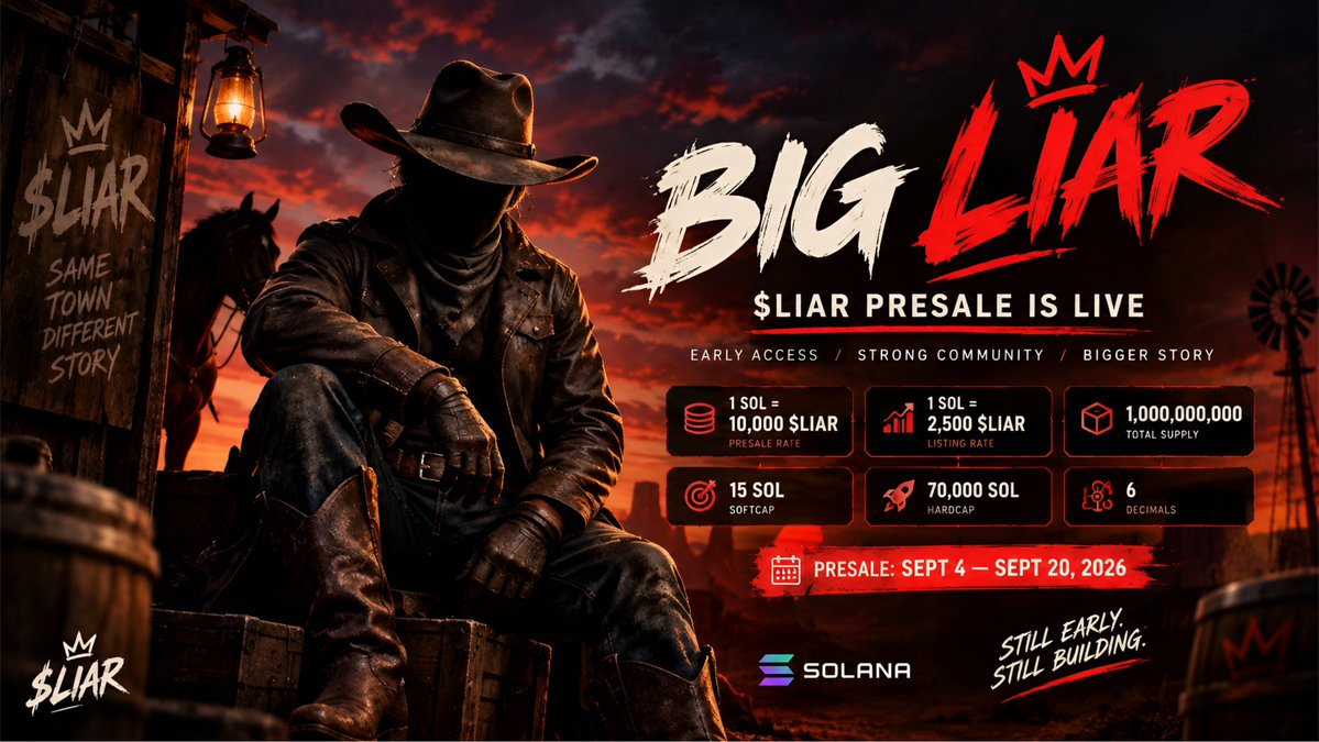 gatotmaranggi's tweet photo. The presale is already live, and the early numbers are worth keeping an eye on:

1 SOL → 10,000 $LIAR
Listing → 1 SOL → 2,500 $LIAR
Total Supply → 1B $LIAR
Softcap → 15 SOL
Hardcap → 70,000 SOL

⏳ Presale: Sept 4 — Sept 20

Still early.
Still building.

#LIAR #Solana #Meme https://t.co/WsJxBaTqX5
