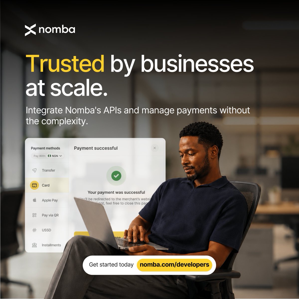 nombahq's tweet photo. Building a marketplace, fintech or business platform? Give your customers more ways to pay with Nomba, with instant settlement and rates that protect your margins.