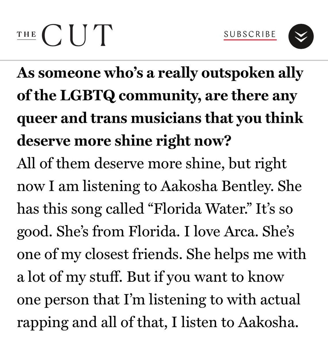 JTeaSupremacy's tweet photo. .@TheCut: "As someone who's a really outspoken ally of the LGBTQ community, are there any queer and trans musicians that you think deserve more shine right now?"

@thegirljt: "All of them deserve more shine, but right now I am listening to Aakosha Bentley. I love Arca." https://t.co/OFxy7FTn83
