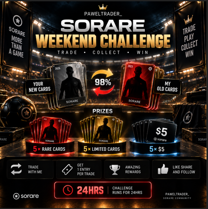 PawelTrader_'s tweet photo. 🔥 SORARE WEEKEND CHALLENGE 🔥

💯I’ll value your new-season cards at 98% of their value when trading for my older cards. 🔄

⚽️ TRADE & WIN:
🟥 5 × Rare
🟨 5 × Limited
Trade with me and get 1 entry for every accepted trade.

💰 5 × $5  COMMUNITY GIVEAWAY:
❤️ Like 
🔄 Share 
👤 Follow @PawelTrader_

That’s it.

Let’s make this weekend interesting. ⚽🔥

⏱️24hrs Only 

#Sorare