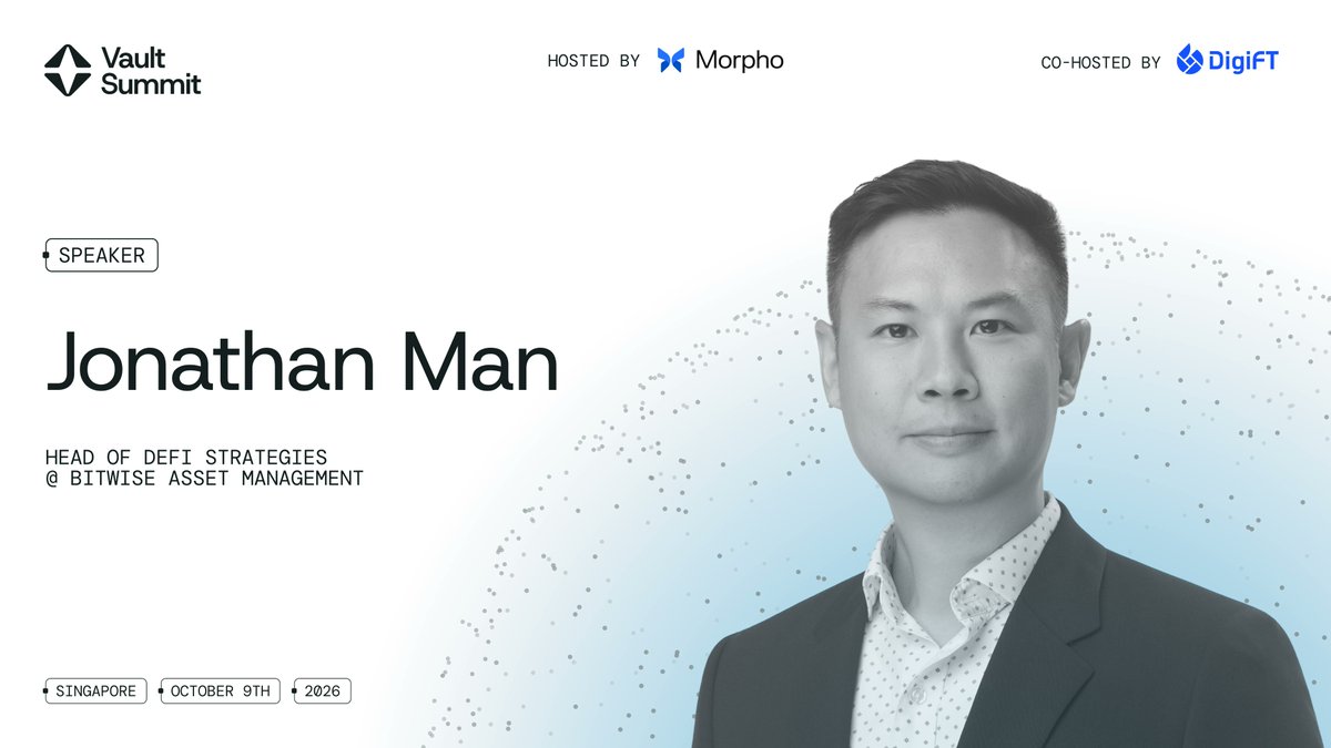 Vault__Summit's tweet photo. Leading vault strategies at one of the largest vault curators. A team bringing 20-plus years of experience across structured credit, private credit, and the technology behind DeFi.

@0x_JMan, Head of DeFi Strategies at @Bitwise, will take the stage at Vault Summit Singapore.

9 October · https://t.co/kTBeCdSJHu