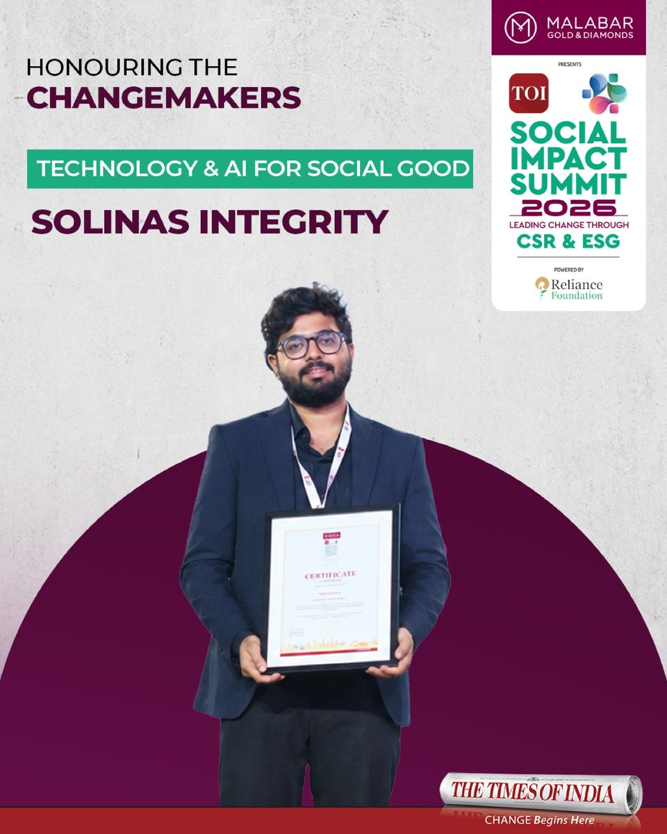 TOIBetterIndia's tweet photo. At TOI Social Impact Summit 2026, Presented by @Malabartweets, The Responsible Jeweller, Powered by @ril_foundation, we recognised trailblazers redefining how technology and AI can drive inclusive and lasting change.

Congratulations to our Honourees in this category:

@solinas_in
@APD_India
@PawanBharatpur1

#TOISocialImpactSummit #SocialImpactSummit2026 #HonouringTheChangemakers #TechnologyForGood #AIForSocialGood #CSR #ESG #ChangeBeginsHere #TheTimesOfIndia