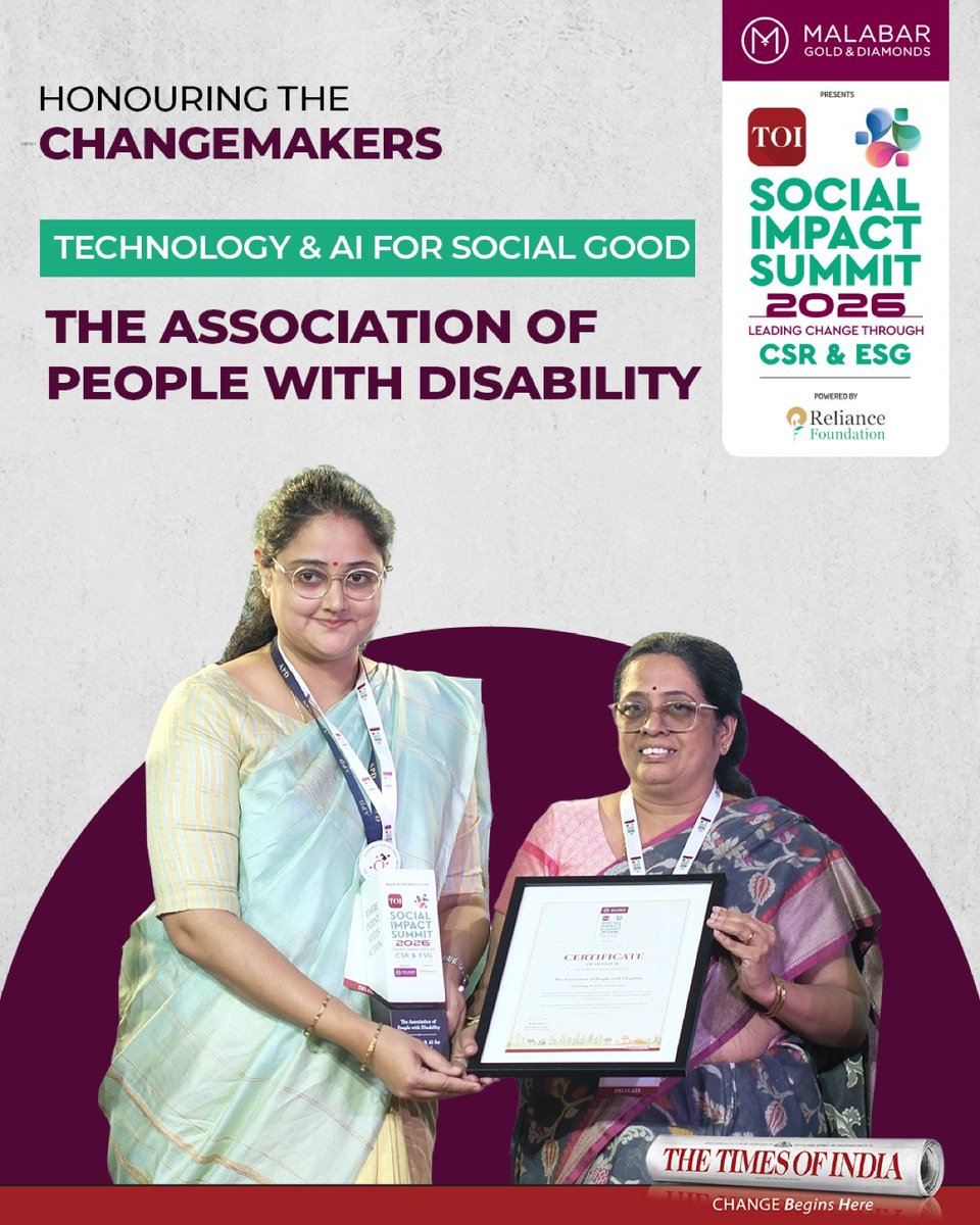 TOIBetterIndia's tweet photo. At TOI Social Impact Summit 2026, Presented by @Malabartweets, The Responsible Jeweller, Powered by @ril_foundation, we recognised trailblazers redefining how technology and AI can drive inclusive and lasting change.

Congratulations to our Honourees in this category:

@solinas_in
@APD_India
@PawanBharatpur1

#TOISocialImpactSummit #SocialImpactSummit2026 #HonouringTheChangemakers #TechnologyForGood #AIForSocialGood #CSR #ESG #ChangeBeginsHere #TheTimesOfIndia