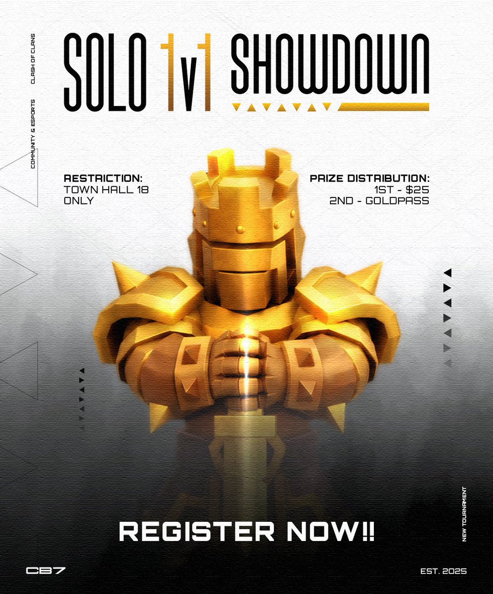 Cb7esports's tweet photo. ⚔️ CB7 PRESENTS: SOLO 1V1 SHOWDOWN

TH18 ONLY • SINGLE ELIMINATION

Ready to put your skills to the test? 👀

🥇 $25 CASH
🥈 GOLD PASS

📅 Registration closes: September 17

Join the CB7 Discord and head to #details to register 💙

🔗 https://t.co/29a832Uymi https://t.co/btzZ0NfqGd