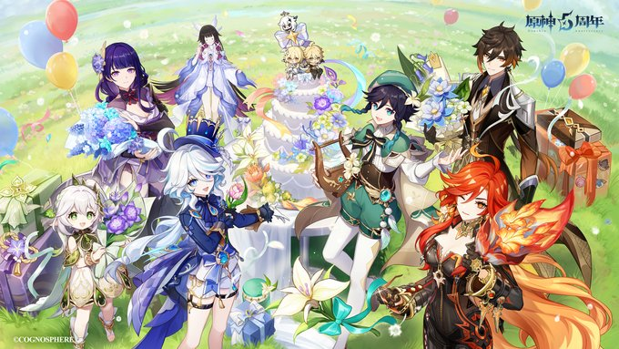 rasukaru3377's tweet photo. 原神の周年イラスト毎回良いから6周年のイラストも楽しみ！てか氷神は一応国によっては結構ひどいことしてるけど他の七神とはどういう距離感で来るんだろう？ https://t.co/dtC8ArJnTM