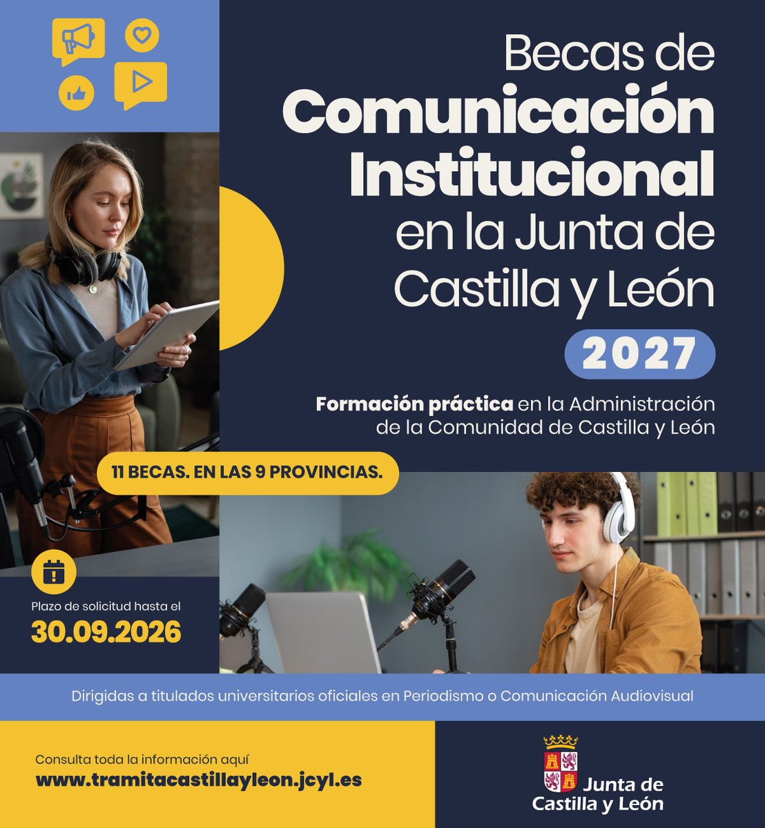 empleojcyl's tweet photo. 🎓@jcyl convoca 11 becas de comunicación institucional para graduados en Periodismo y Comunicación Audiovisual

✅Formación con experiencia práctica
📍En las 9 provincias
📅Solicitudes hasta: 30/09

🚀Impulsa tu carrera como profesional de la información

https://t.co/cbcaql9YFk https://t.co/LWSgn4EHDR