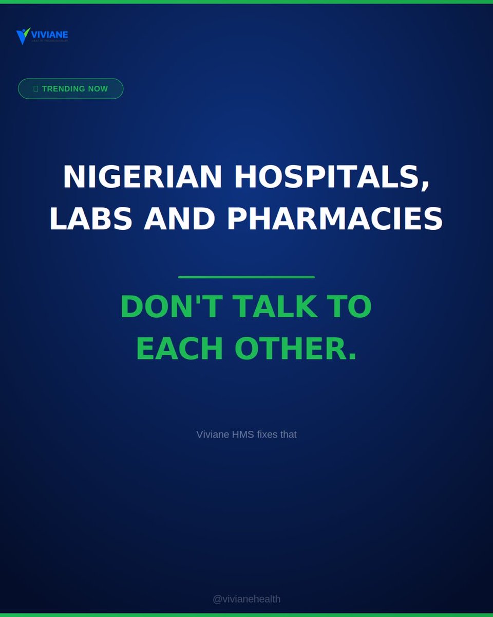 VivianeHealth's tweet photo. Nigerian hospitals, labs and pharmacies still don’t talk to each other. Doctors wait for lab results nobody sent. Pharmacies fill prescriptions with no patient history. This is the problem Viviane HMS solves. 🏥

#vivianehms #nigerianhealthcare https://t.co/1IGwbcBXxX