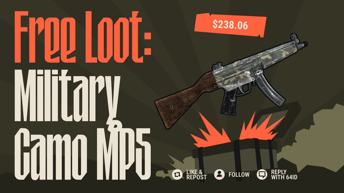 bandit's tweet photo. [$238.06] Military Camo MP5 — Rust Skin Giveaway

🔸 Like &amp; Repost
🔸 Follow us @bandit 
🔸 Reply with your Steam 64ID

We will be picking the winner after the weekend! https://t.co/i6gJcLwBkM
