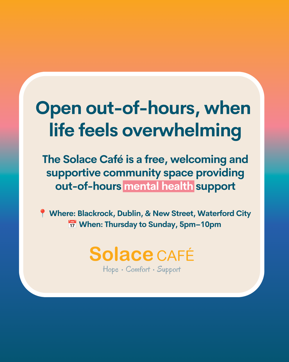 Aware's tweet photo. The Solace Café is a free &amp; welcoming community space providing out-of-hours mental health support 🌟

https://t.co/NNR4aCMtpx

📍Blackrock, Dublin, &amp; New Street, Waterford City
📅 Thurs-Sun, 5–10pm

Solace Café aligns with Sharing the Vision: A Mental Health Policy for Everyone. https://t.co/6BquC7XyvJ