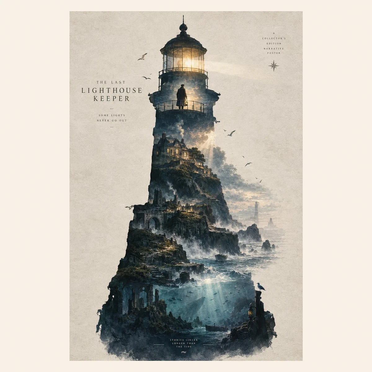 Vertical narrative film poster of a lighthouse built from cliffs, houses and rock, its lamp glowing at the top, tiny boats and fish below.