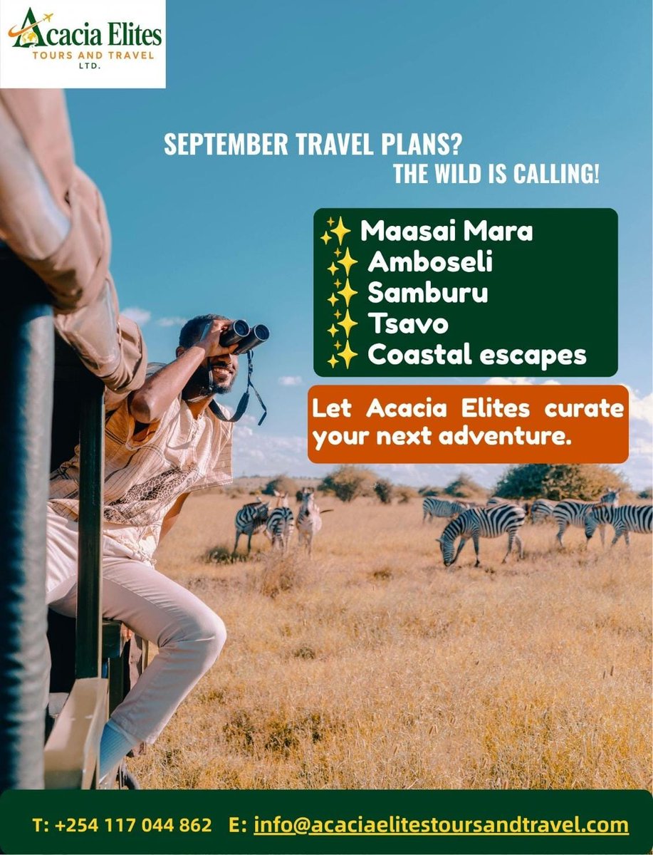 AcaciaElites's tweet photo. September is a beautiful time to experience Kenya. From wildlife adventures in the Maasai Mara to relaxing coastal escapes
Let Acacia Elites Tours &amp; Travel ,tailor your next journey.
📷 +254 117 044 862
📷 info@acaciaelitestoursandtravel.com
📷 https://t.co/28CnJWwDiK https://t.co/jyHK6Ye6QG