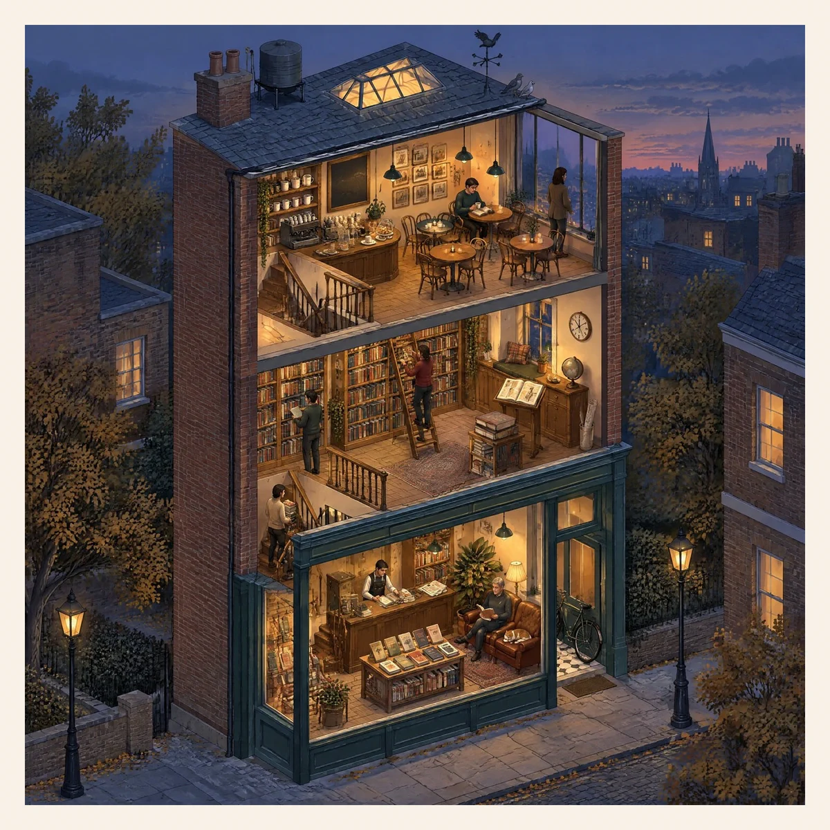 Isometric cutaway of a three-storey bookshop at dusk — cafe on top, bookshelves in the middle, shop with customers at street level.