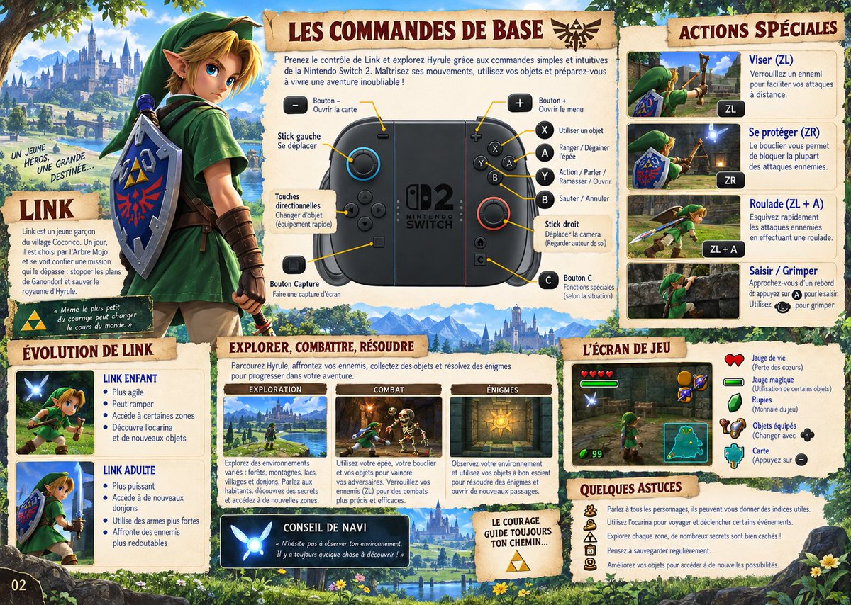 RGUNIVERSESTORE's tweet photo. Et si les jeux Switch 2 avaient encore de vraies notices ? 👀Je bosse sur une notice fan-made de Zelda: Ocarina of Time, pensée comme si elle sortait aujourd’hui : couverture, gameplay, commandes, carte d’Hyrule… ⚔️����️Voici les 4 premières pages.
Vous validez ? https://t.co/k4qYx7NuaM